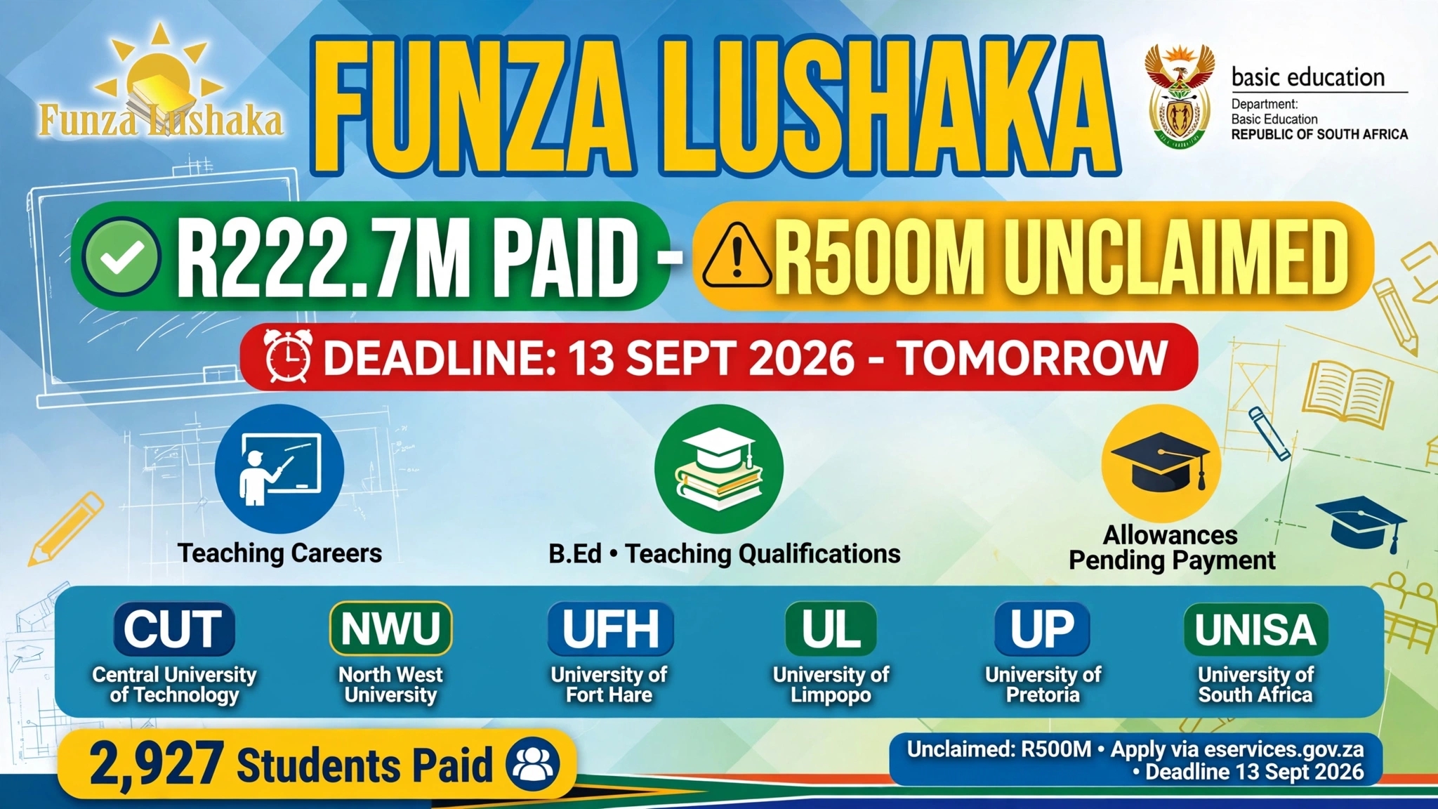 Funza Lushaka R500M Unclaimed - Deadline 13 Sept 2026